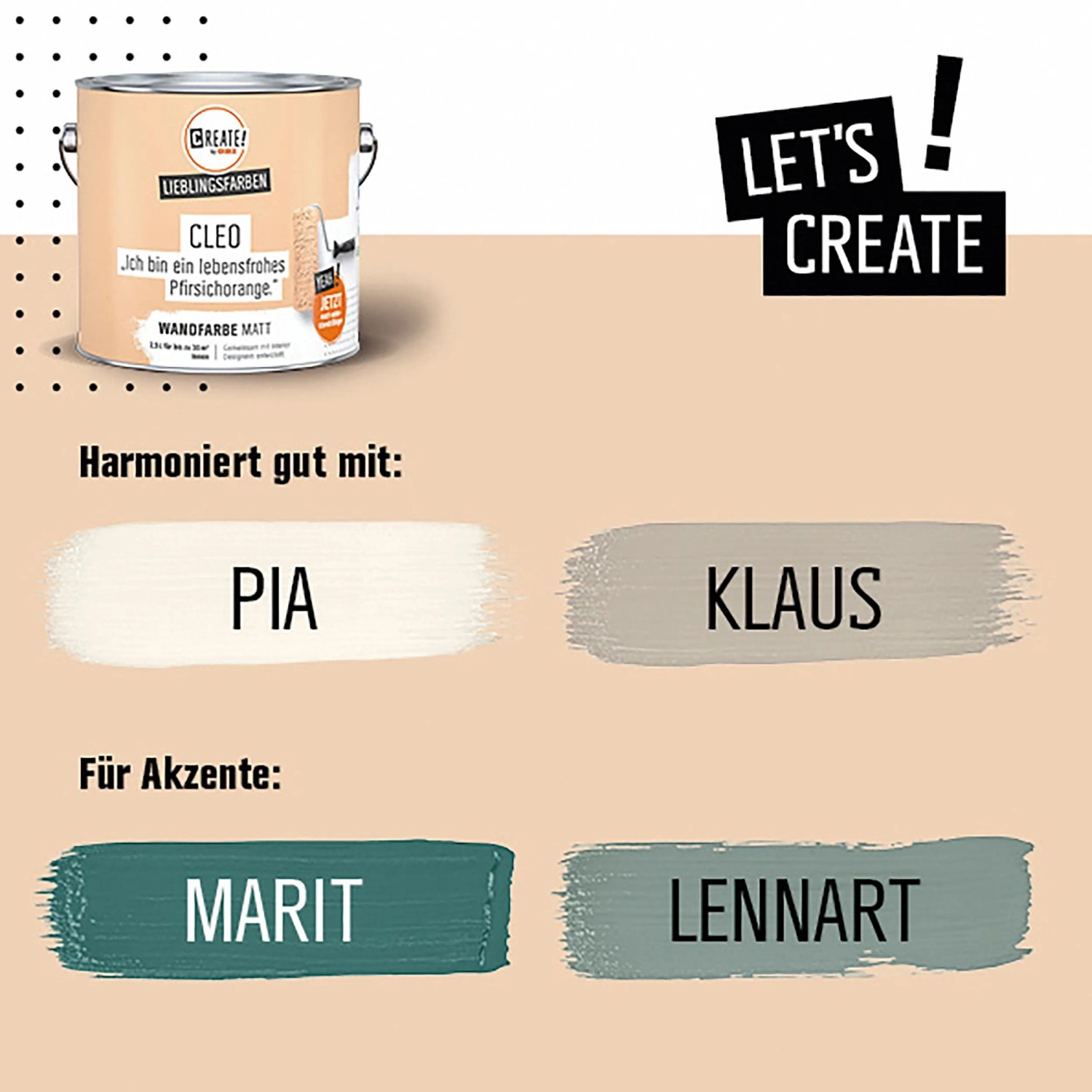 CREATE! by OBI Wandfarbe Cleo Pfirsichorange, matte Innenfarbe mit Farbbeispielen.