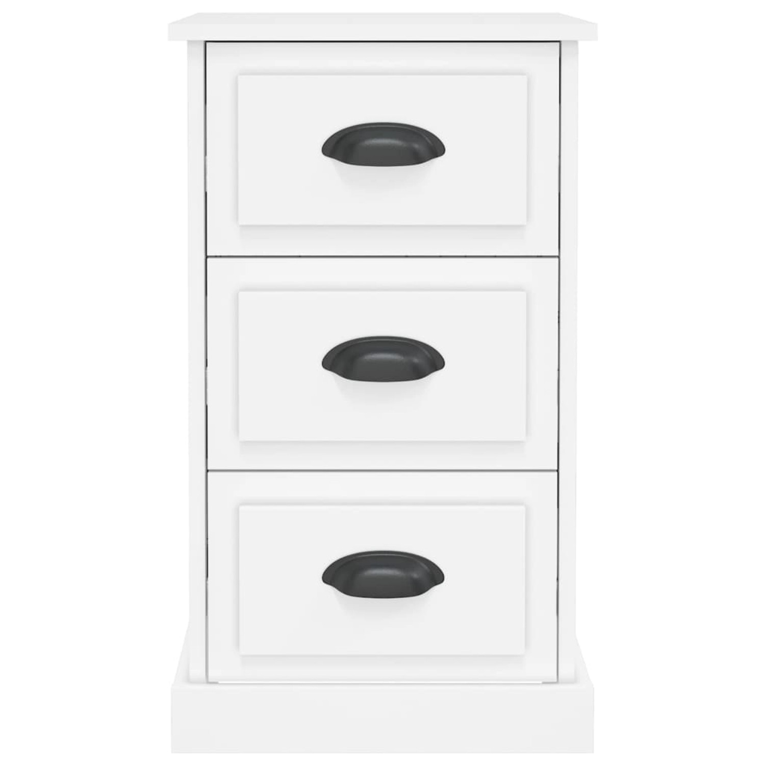 Weißer vidaXL Nachttisch aus Holzwerkstoff mit 3 Schubladen und schwarzen Griffen.