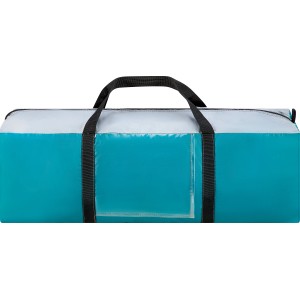 Verpacktes 4-Personen Zelt in Türkis-Grau mit Tragegriffen für Camping & Outdoor.