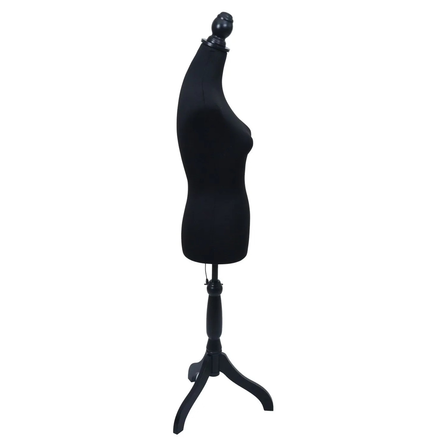 Schwarze weibliche Schneiderpuppe mit abnehmbarem Stoffbezug und höhenverstellbarem Holzständer für Kleidung.