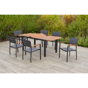 Merxx Paxos Gartenmöbel-Set, 7-teilig: Ausziehbarer Tisch und 6 Stapelsessel mit Akazienholz-Akzenten.