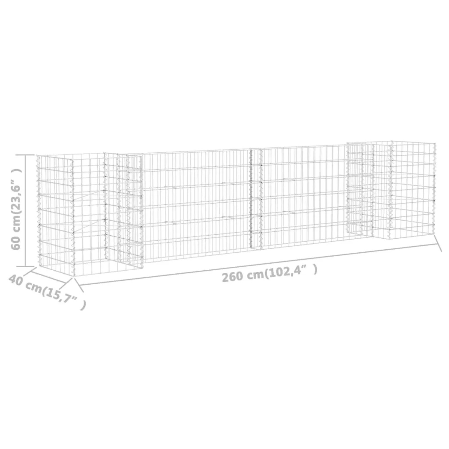 vidaXL Gabionen-Pflanzkasten, H-Form, 260x40x60cm, Stahldraht, ideal als Hochbeet oder Beetbegrenzung.