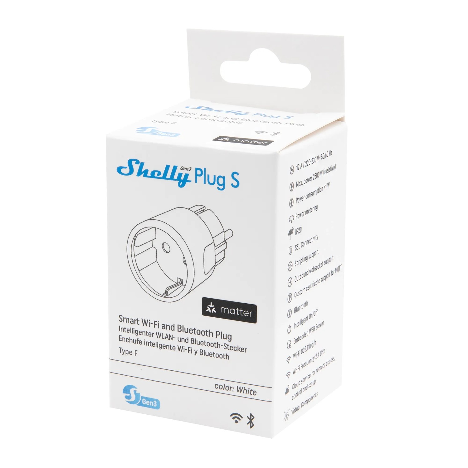 Shelly Smart-Stecker Plug S Gen3 Weiß in Originalverpackung. Smart Home Hausautomation.