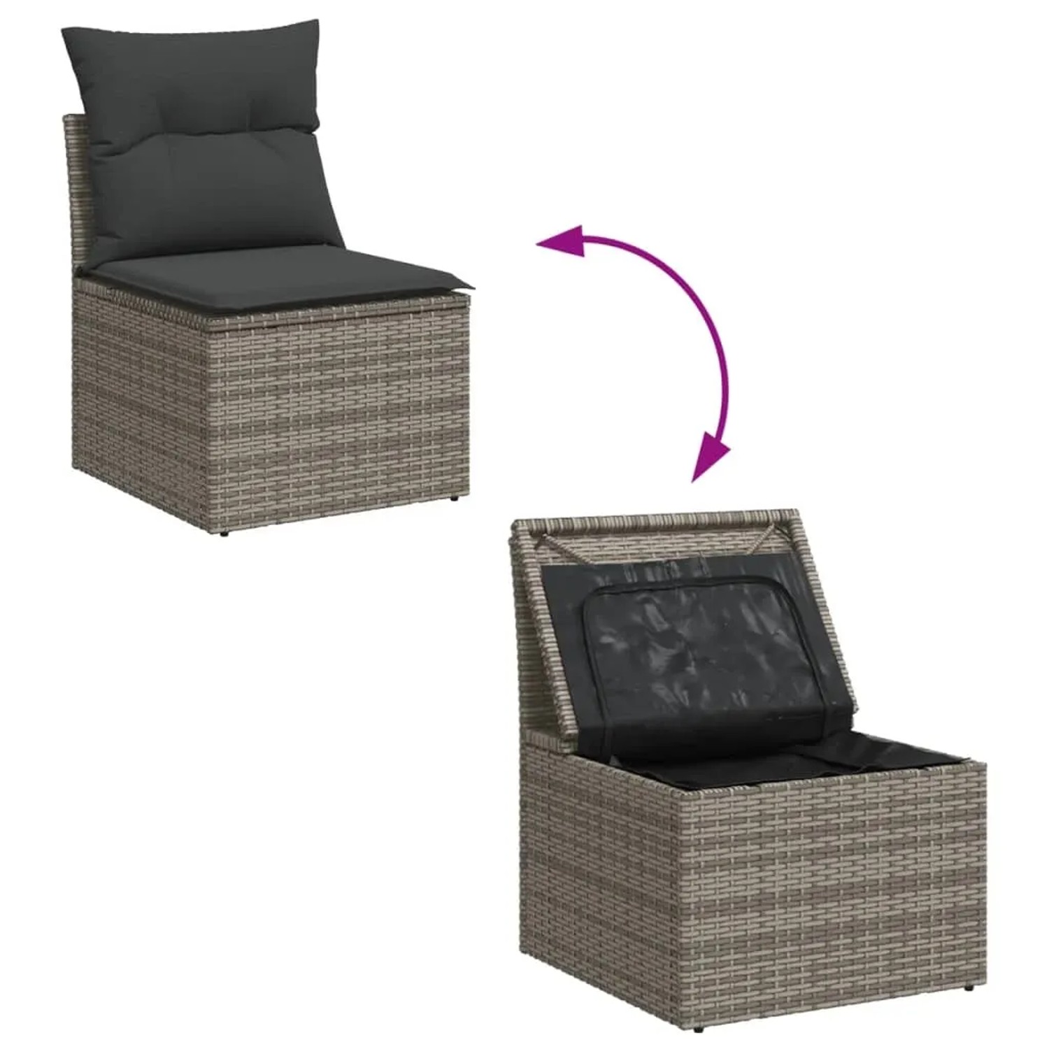 Garten-Sofagarnitur: Rattan-Sessel mit Kissen und Stauraum, grau. Ideal für Gartenmöbel.