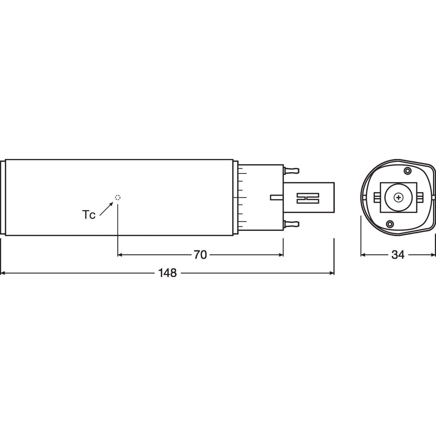 Technische Zeichnung Osram LED-Leuchtmittel G24d-1 Röhrenform mit Maßangaben.