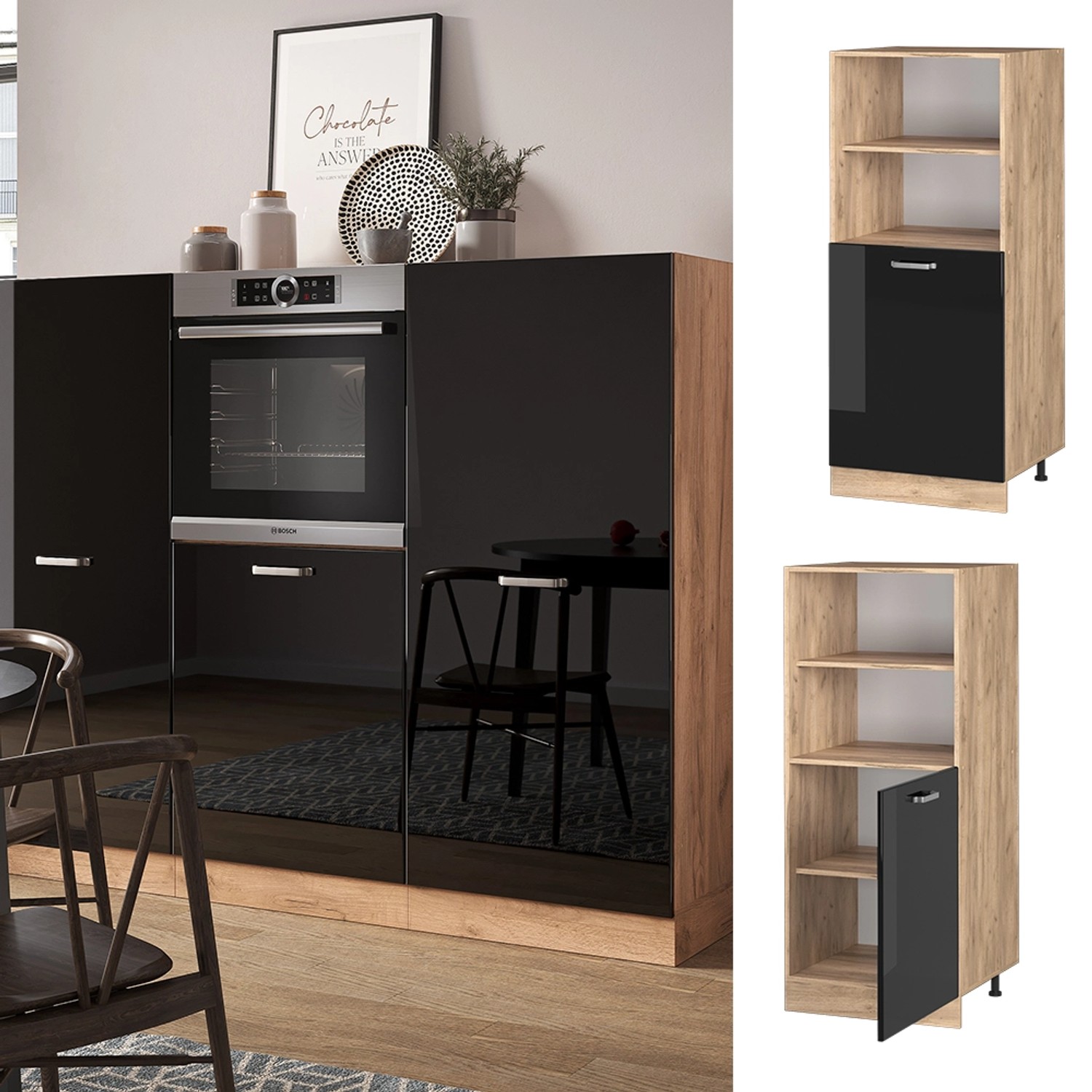 Vicco Herdumbauschrank R-Line, schwarz hochglanz/Eiche, 60 cm. Küchenschrank mit Stauraum.