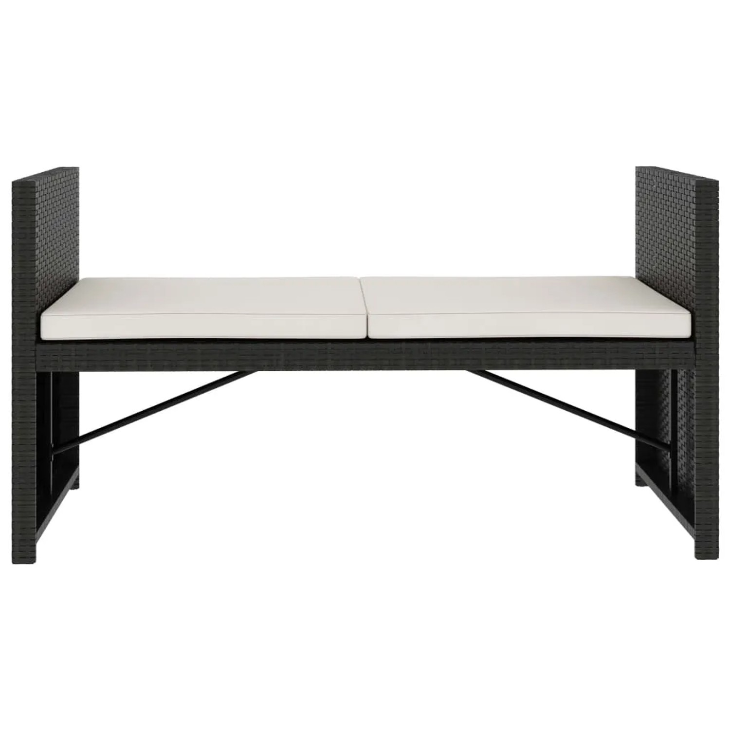 Schwarze vidaXL Gartenbank aus Rattan mit cremefarbenen Auflagen, Teil des 5-tlg. Lounge Sets.