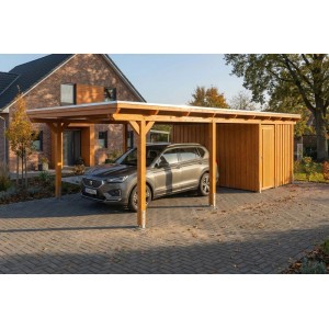 Skan Holz Carport Emsland aus hellem Holz mit Flachdach, Stahl-Dachplatten und Abstellraum, schützt Auto.