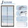 Weiße Sekey Aluminium Jalousie (70x130 cm) mit Detailansichten zur Montage.