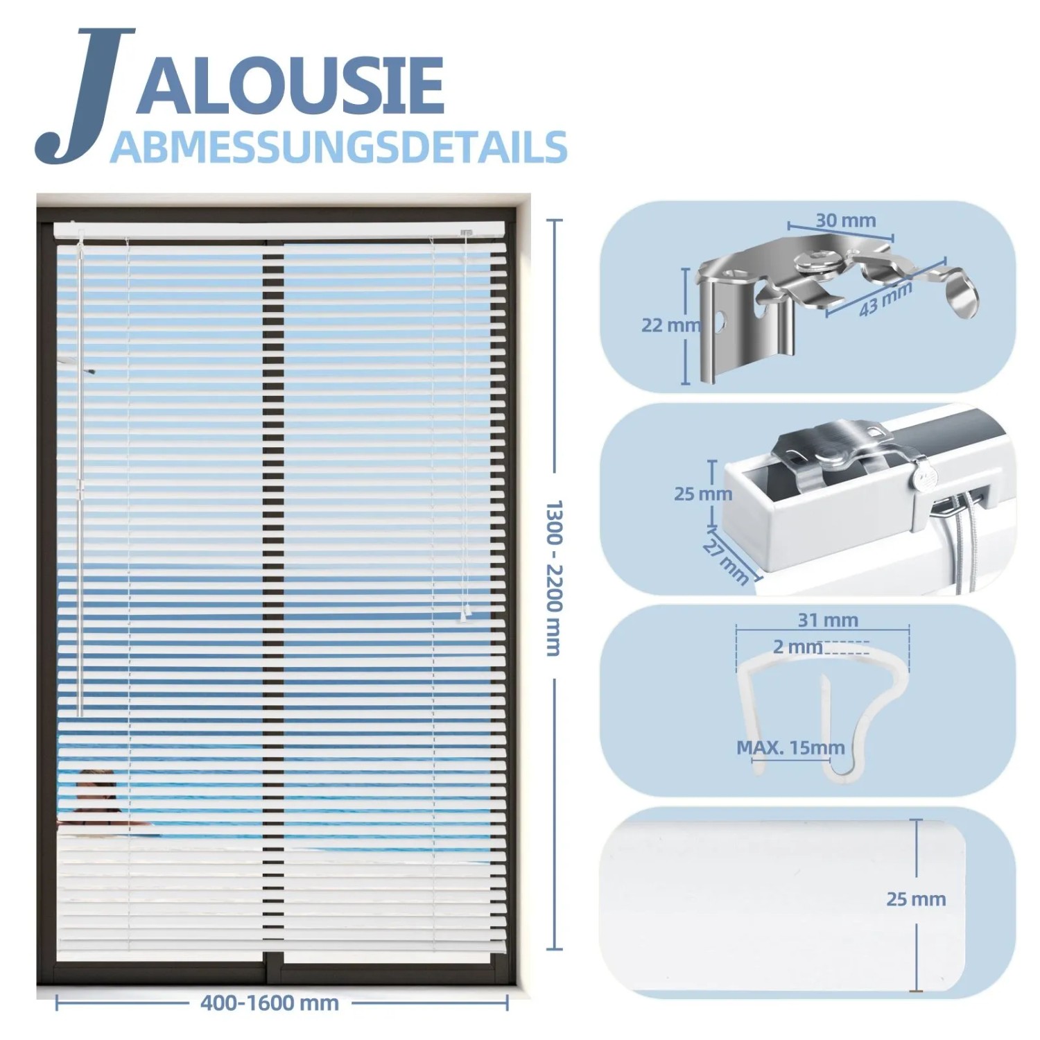 Weiße Sekey Aluminium Jalousie (70x130 cm) mit Detailansichten zur Montage.
