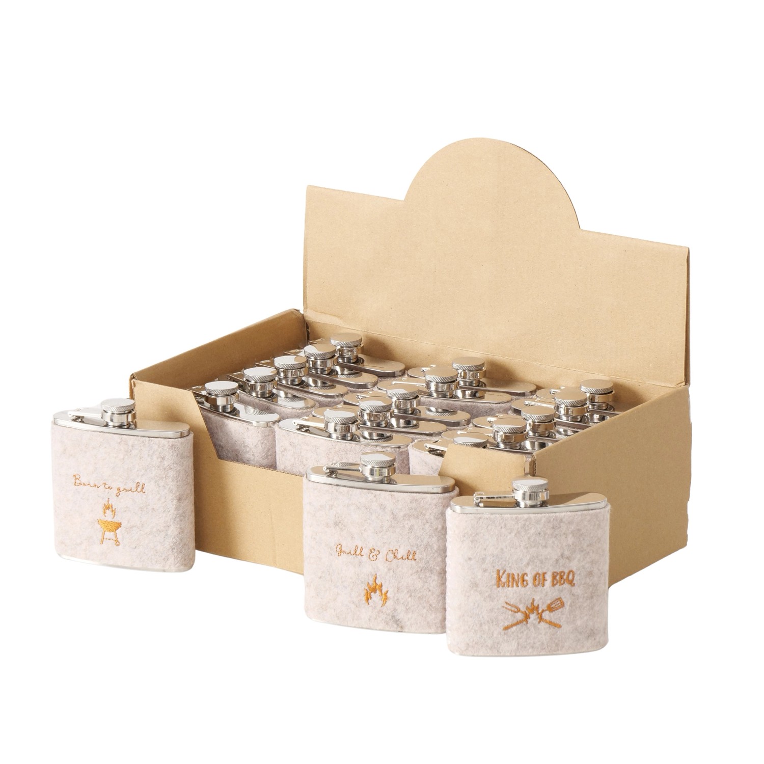 Boltze Trinkflaschen BBQ, 3-fach sortiert, grau, mit Grillmotiven in einer Displaybox.