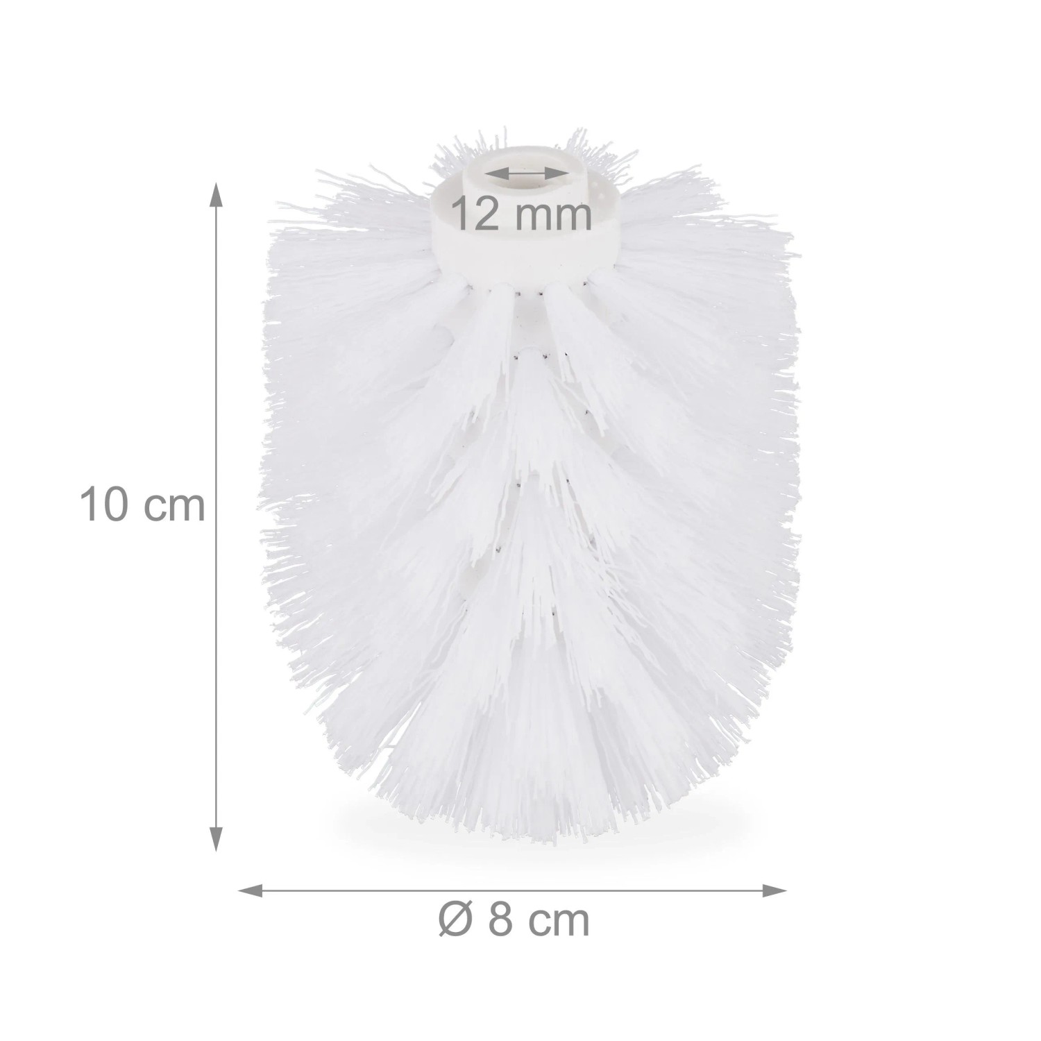 Weißer Kunststoff WC-Ersatzbürstenkopf, 10 cm hoch, 8 cm Durchmesser, mit 12 mm Gewinde.