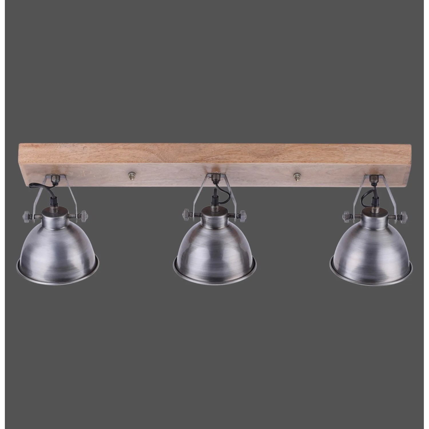 3-flammige Wand- und Deckenleuchte Samia im Vintage-Look mit Holz und silberfarbenem Eisen.