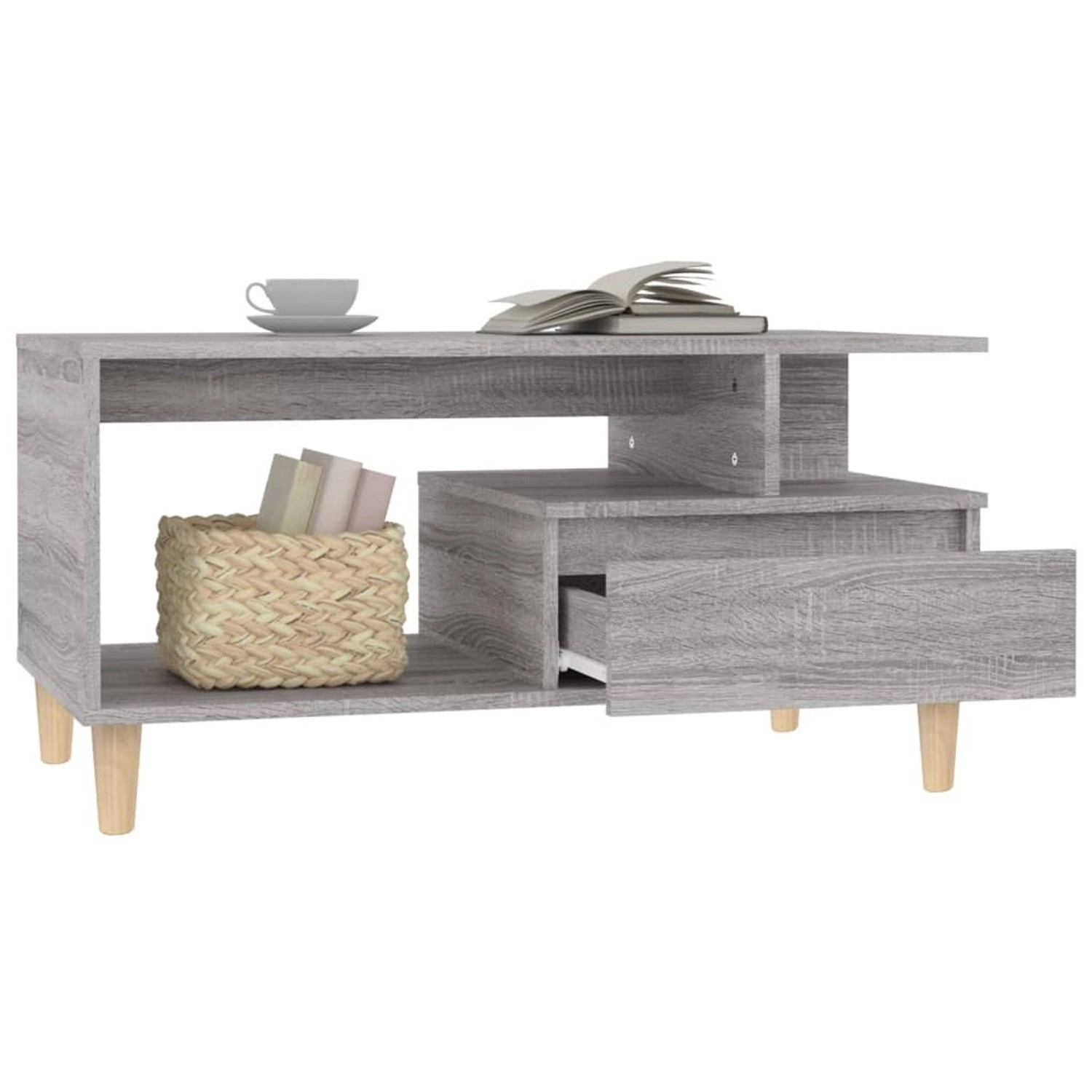 Grauer Couchtisch Sonoma 90x49x45 cm mit Schublade und Holzbeinen.