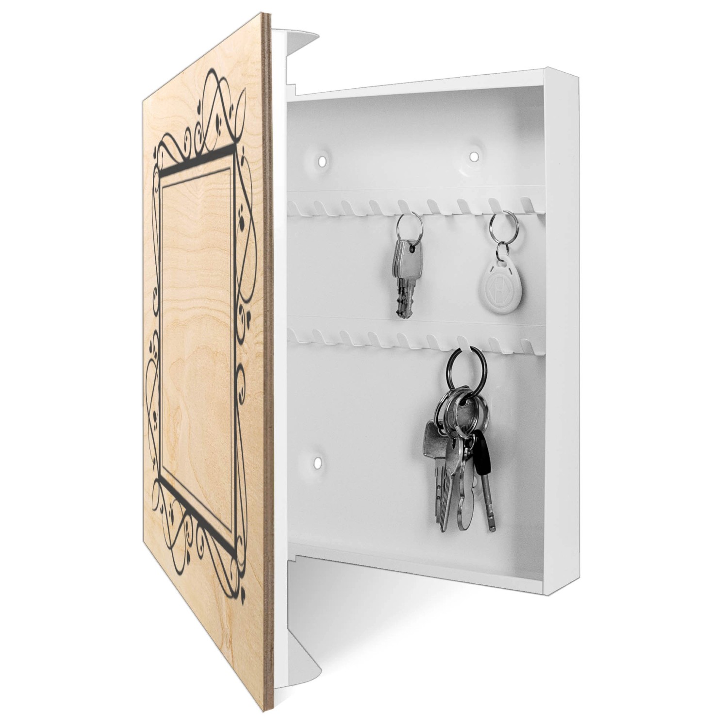 Banjado Schlüsselkasten Holzfront, weiß, Herzrahmen, 50 Haken. Schlüsselaufbewahrung für die Wand.