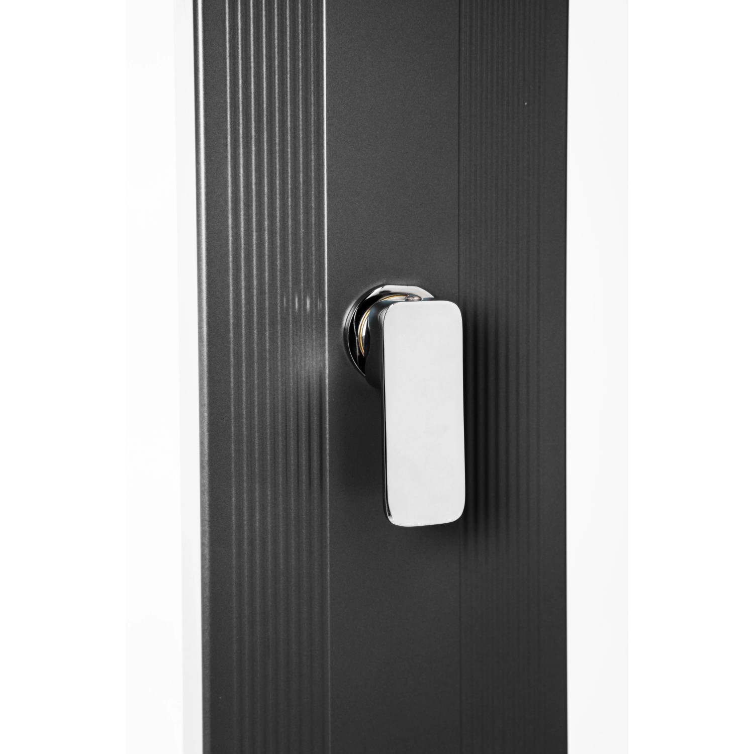 Detailaufnahme: Schwarze Steinbach Solardusche Slim Line Deluxe mit verchromtem Einhebelmischer.