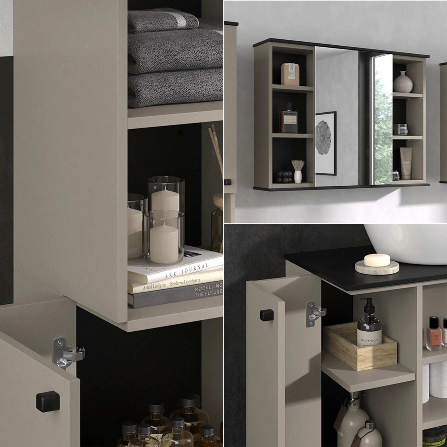 Vicco Badmöbel-Set Joli Greige, 3-teilig: Waschbeckenunterschrank, Spiegelschrank, Hochschrank.