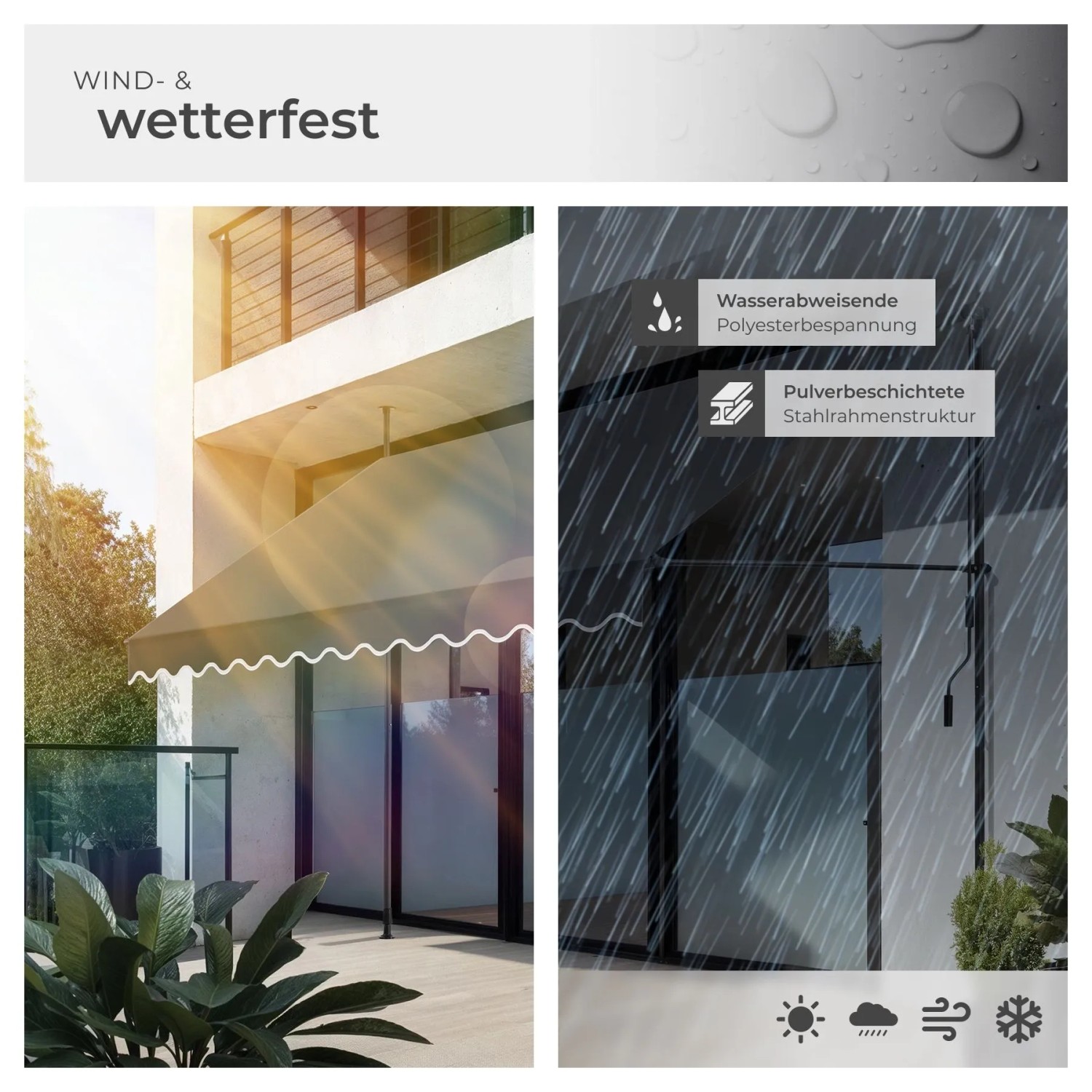 Tectake Klemmmarkise Schwarz Grau, wetterfest, schützt vor Sonne und Regen auf Balkon oder Terrasse.