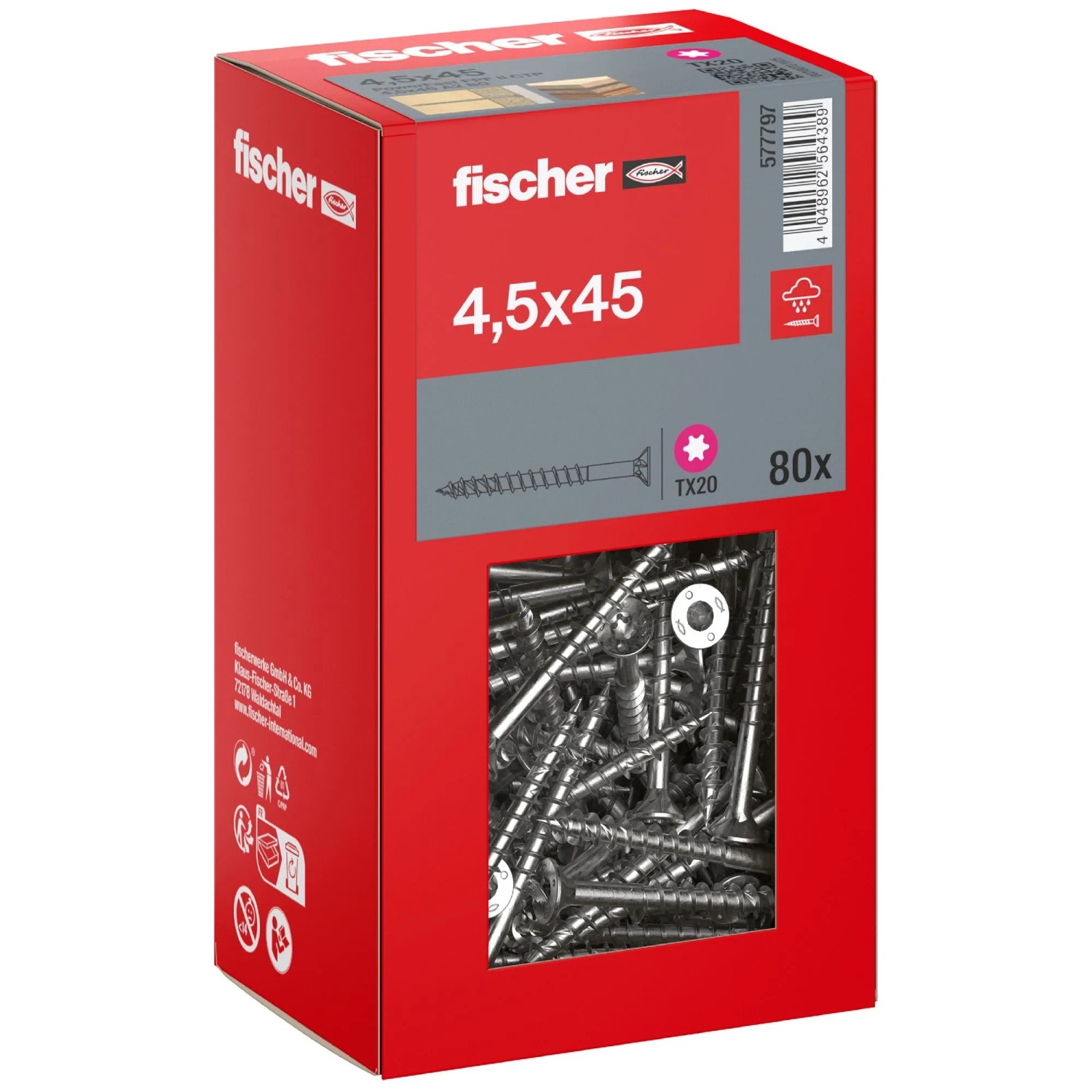 Fischer Schraube PowerFast II A2 Senkkopf TX Teilgewinde Ø 4,5 x 45 mm 80 Stk