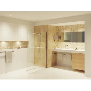 Modernes Badezimmer mit Dusche, Waschbecken und Spiegel in Beige- und Weißtönen.