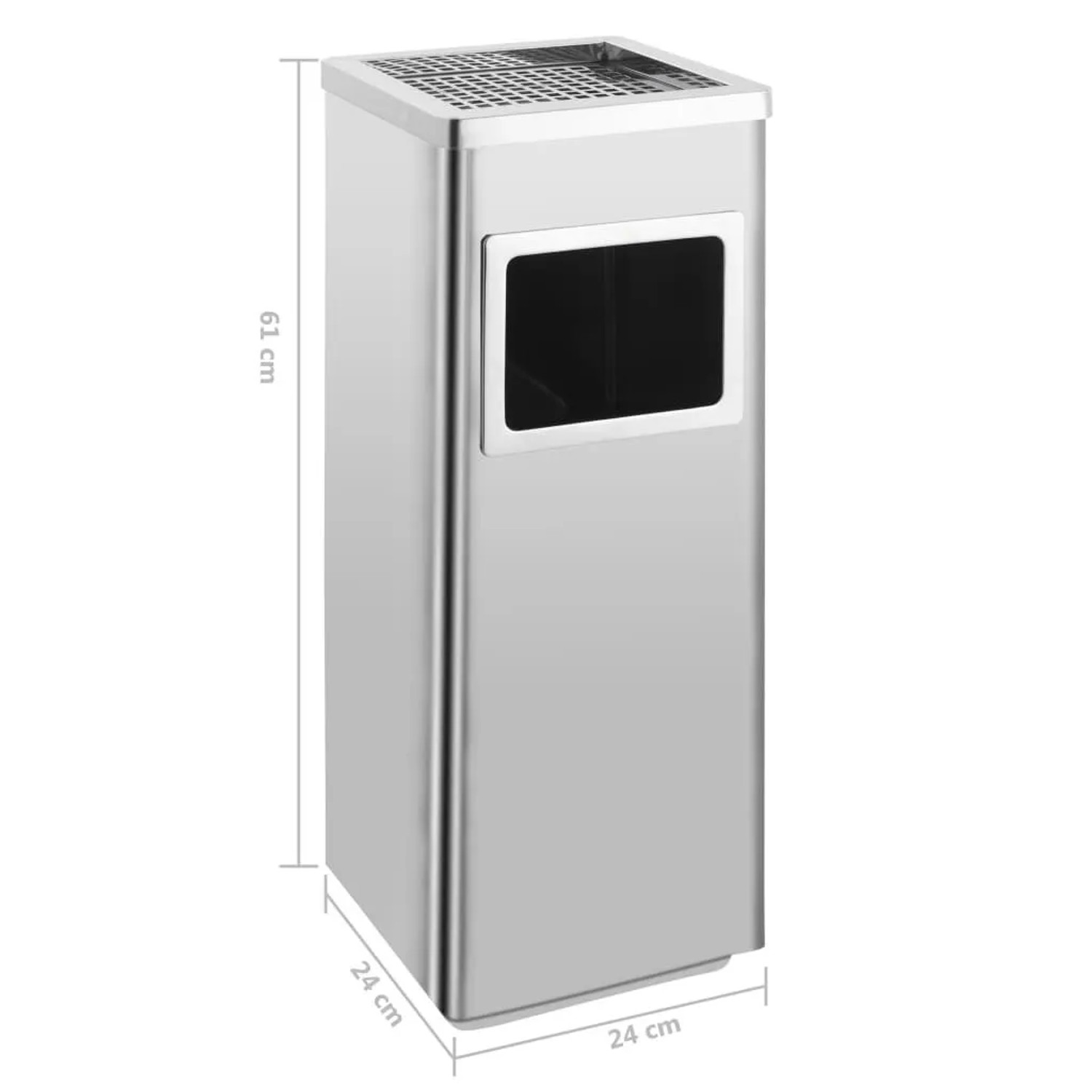 Silberner Edelstahl Standaschenbecher 36L mit Mülleimer, 24x24x61cm. Ideal für draußen und Büro.