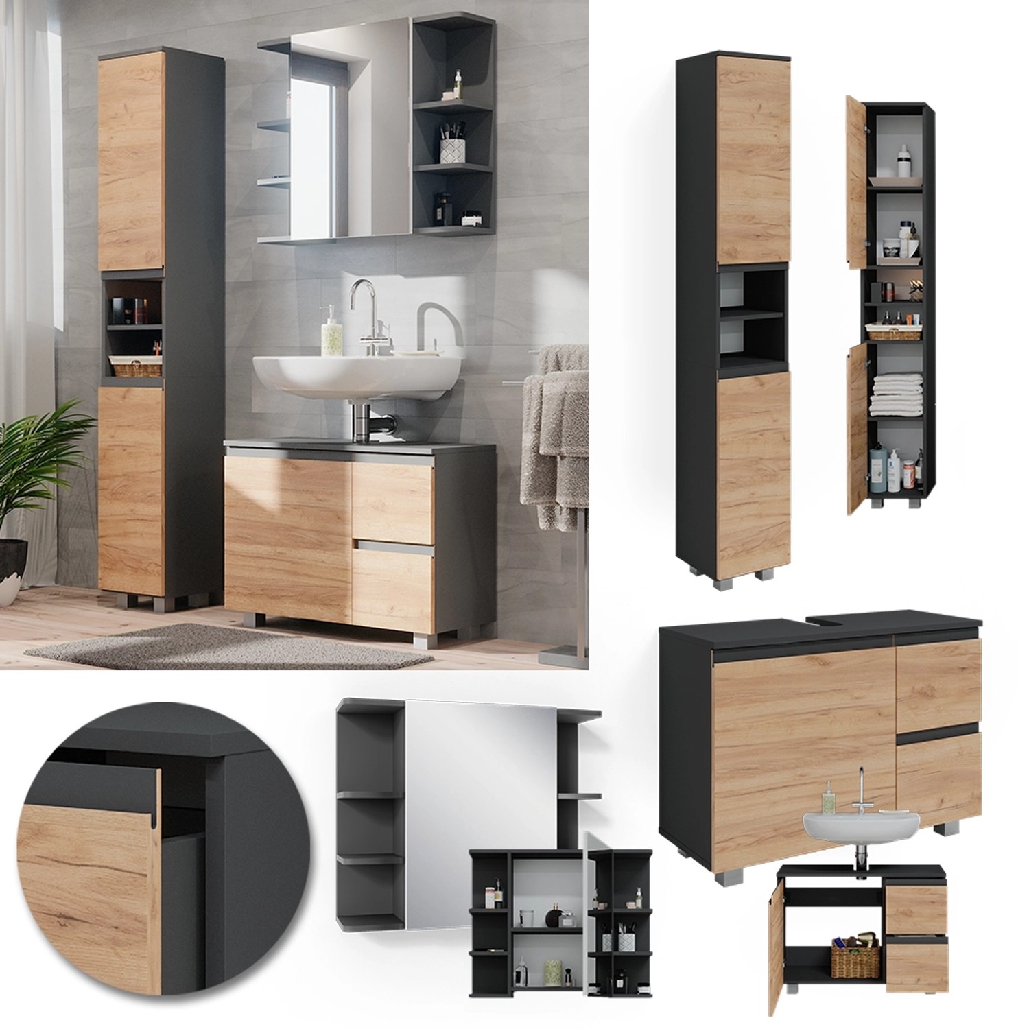 Vicco Badmöbel-Set J-Shape, 3-teilig in Anthrazit/Eiche mit Hochschrank. Modernes Design für Ihr Badezimmer.