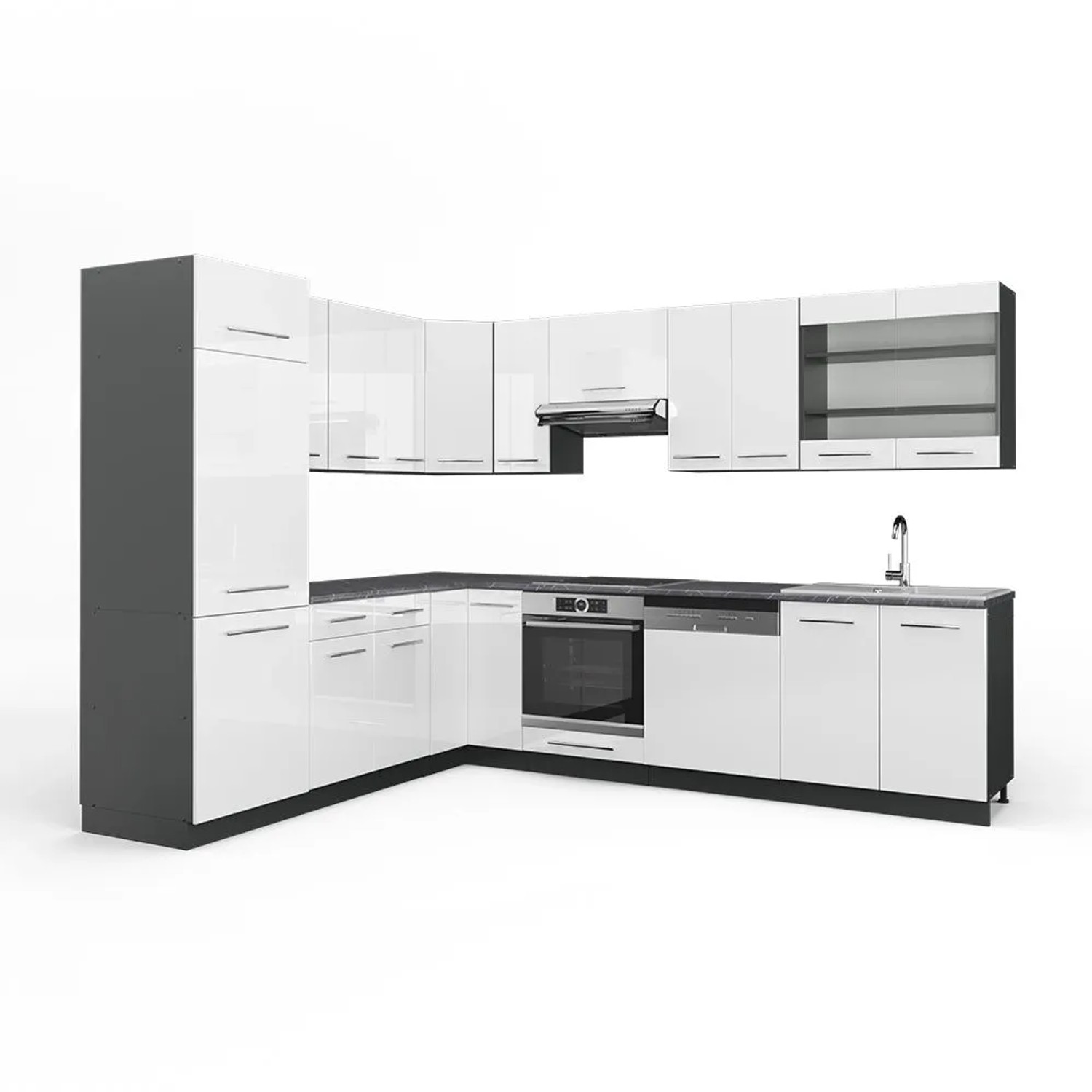 Vicco Eckküche Fame-Line Weiß Hochglanz/Anthrazit 287 x 82, AP Anthrazit