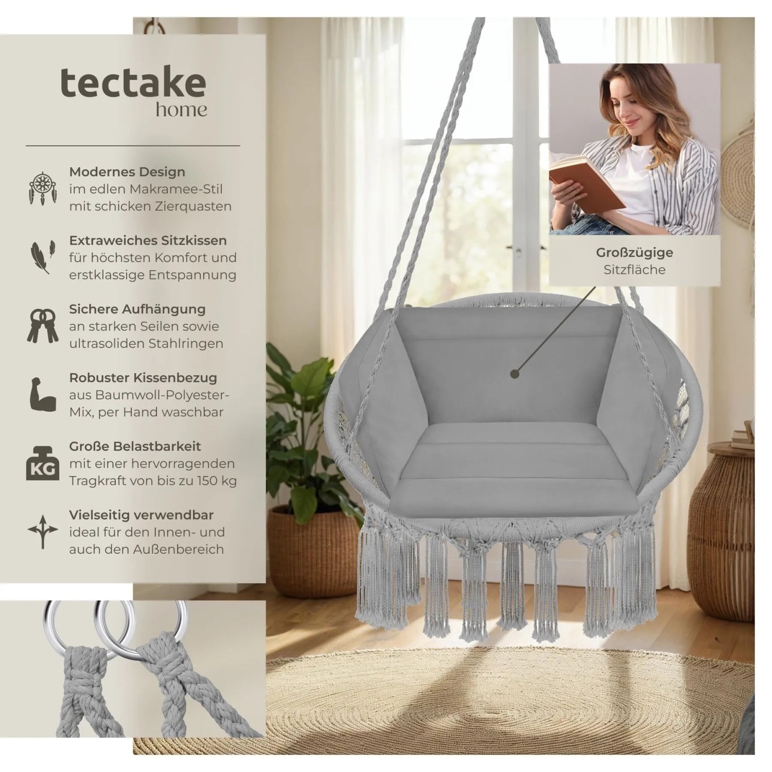 Tectake Hängesessel Grazia Mit Sitz  und Rückenpolster Stabil und Strapazierfähig  72 x 80 x 125 cm Grau_2