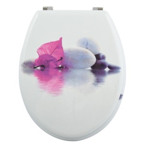 MSV WC-Sitz Borneo mit Stein- und Blütenmotiv in Weiß-Pink, MDF, 44,5x36x5,5cm.