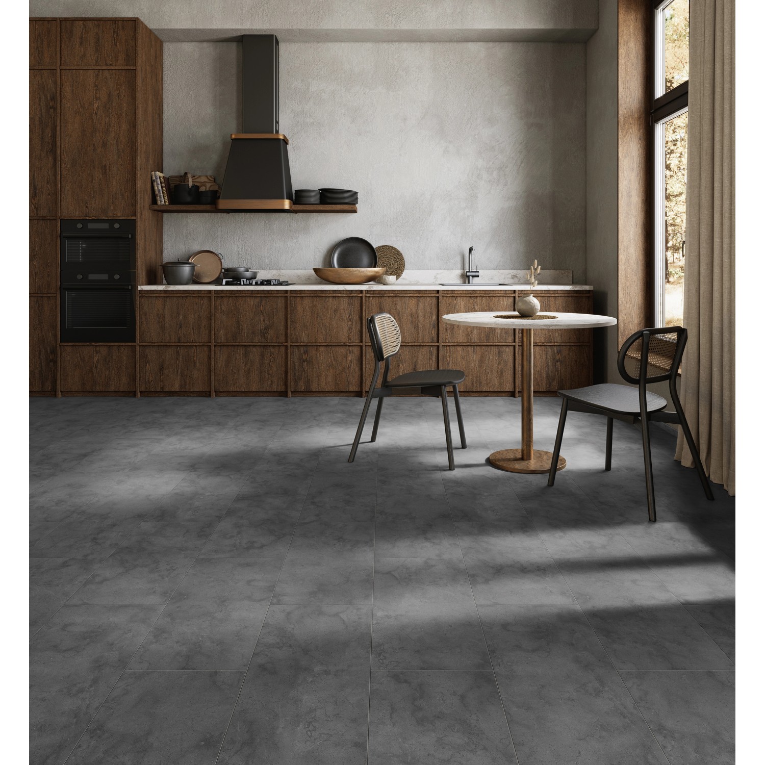 Verlegtes, wasserfestes Laminat Kronoflooring Excellent+ in Granit Fossil Arosa im modernen Küchenambiente.