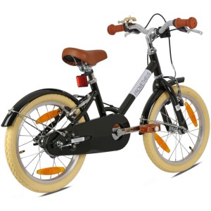 Schwarzes PROMETHEUS Kinderfahrrad 18 Zoll im Retro-Look mit Felgenbremse und Ständer.