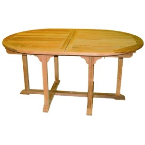 Ovaler Teakholz Ausziehtisch, hellbraun, für Garten. Massiver, ausziehbarer XXL Gartentisch aus Teakholz.