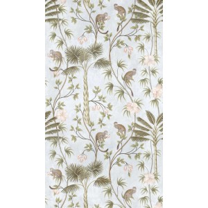 Fototapete Dschungel mit Palmen, Blumen und Affen in Grün, Türkis und Grau.