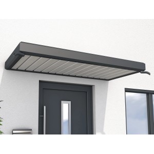 Anthrazitfarbenes Gutta Rechteckvordach NM aus Aluminium, 200x90 cm, über einer Haustür.
