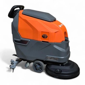 Orange-graue DeTec. Scheuersaugmaschine DAEWOO mit Akku, Touch Display und Bürste für Hartböden.