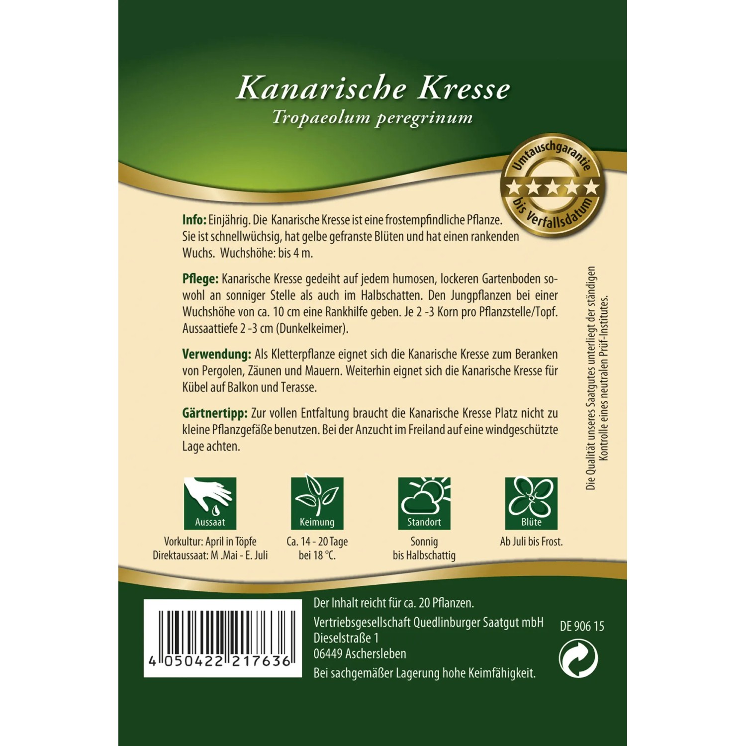 Samentüte Kanarische Kresse von Quedlinburger mit Infos zu Aussaat und Pflege.