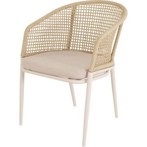 Moderner Lesli Gartenstuhl Kioto in Creme-Beige mit Rope-Geflecht, Aluminiumgestell und gepolstertem Sitzkissen.