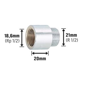 Verchromte Hahnverlängerung aus Messing, 18,6 mm x 21 mm, 20 mm lang, für Gewindefittings.