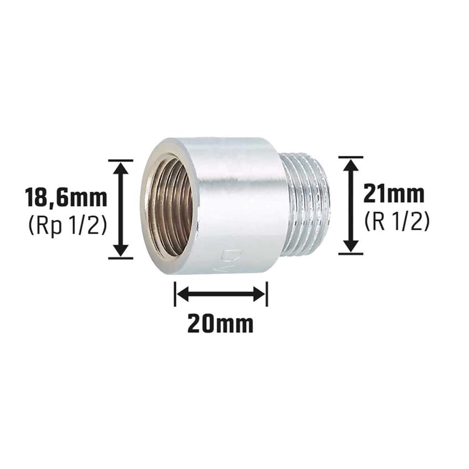 Verchromte Hahnverlängerung aus Messing, 18,6 mm x 21 mm, 20 mm lang, für Gewindefittings.
