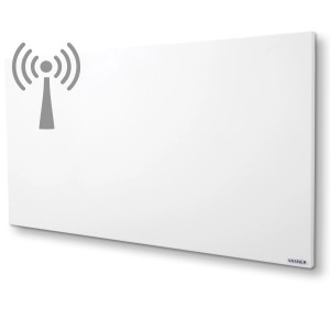 Weiße Vasner Funk-Infrarotheizung Citara M RX 900W mit Funksymbol. Elektrische Heizung für Wand oder Decke.