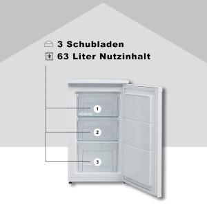 Telefunken Gefrierschrank, weiß, 63L Nutzinhalt, mit 3 Schubladen und geöffneter Tür.