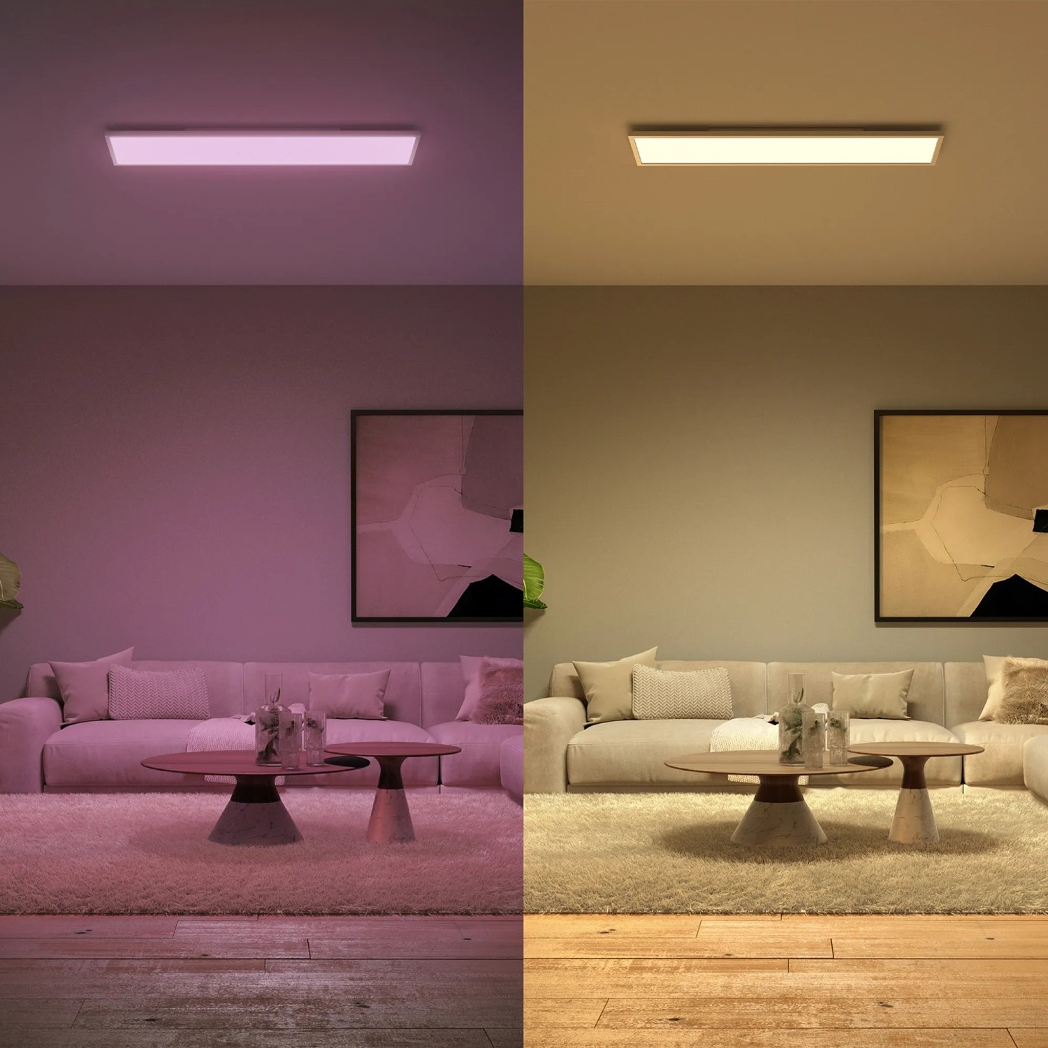 Philips Hue Surimu LED-Panel, 120x30 cm, RGBW, in Wohnraum mit Farb- und Weißton-Beleuchtung.