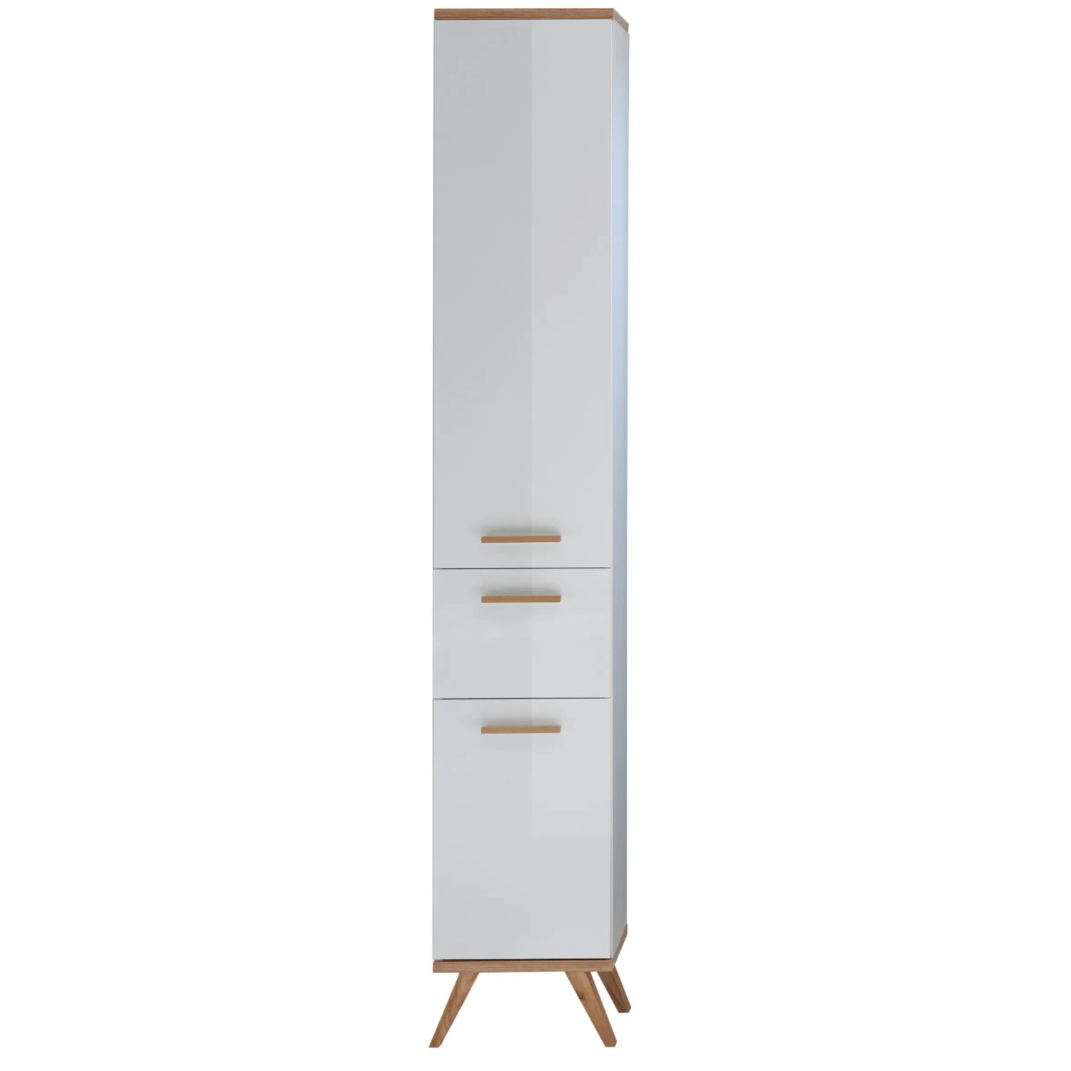 Pelipal Hochschrank aus dem Badmöbel-Set Quickset 923, weiß glänzend mit Holzgriffen und Füßen.