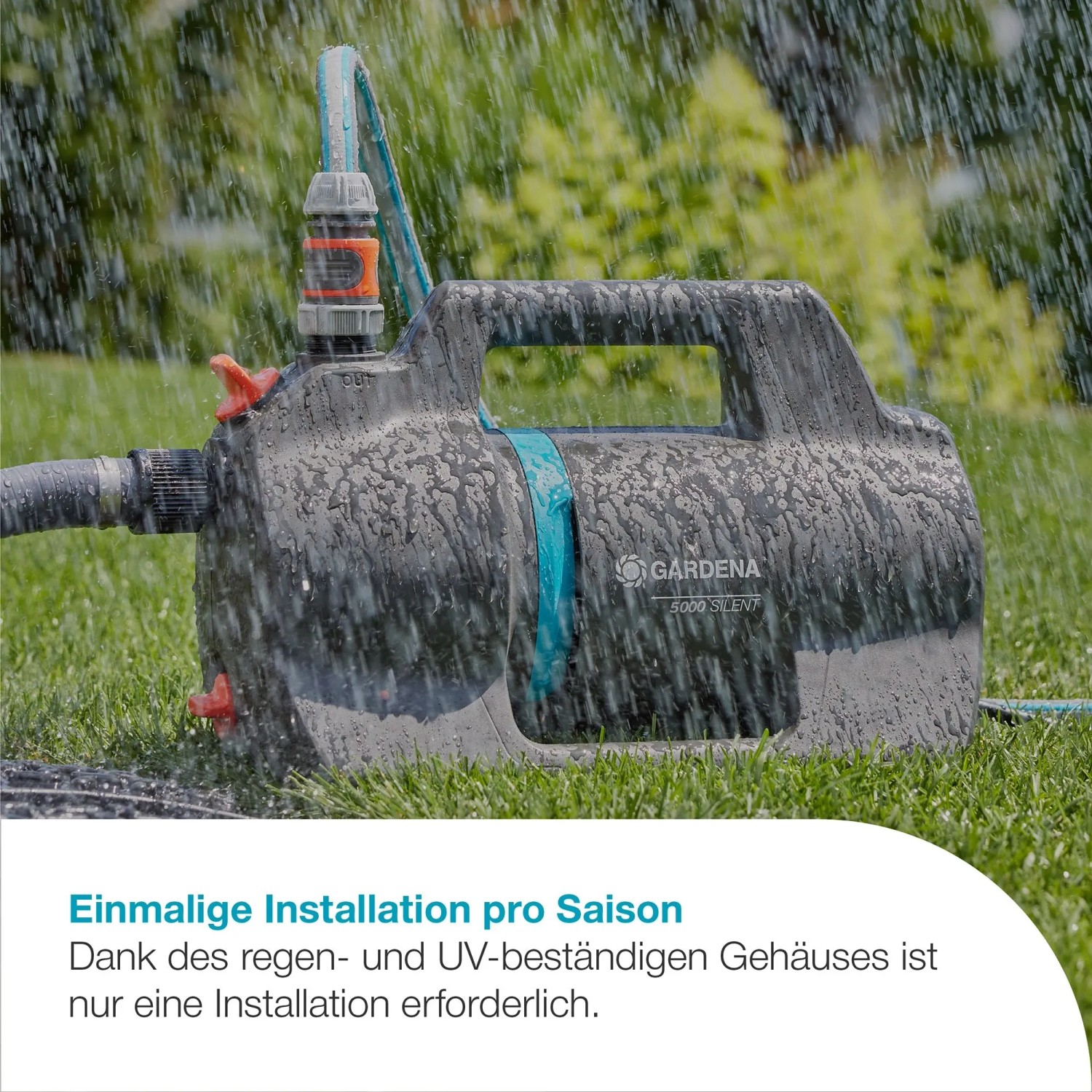Gardena Gartenpumpe 5000 Silent Set im Einsatz, leise und leistungsstark für die Gartenbewässerung.