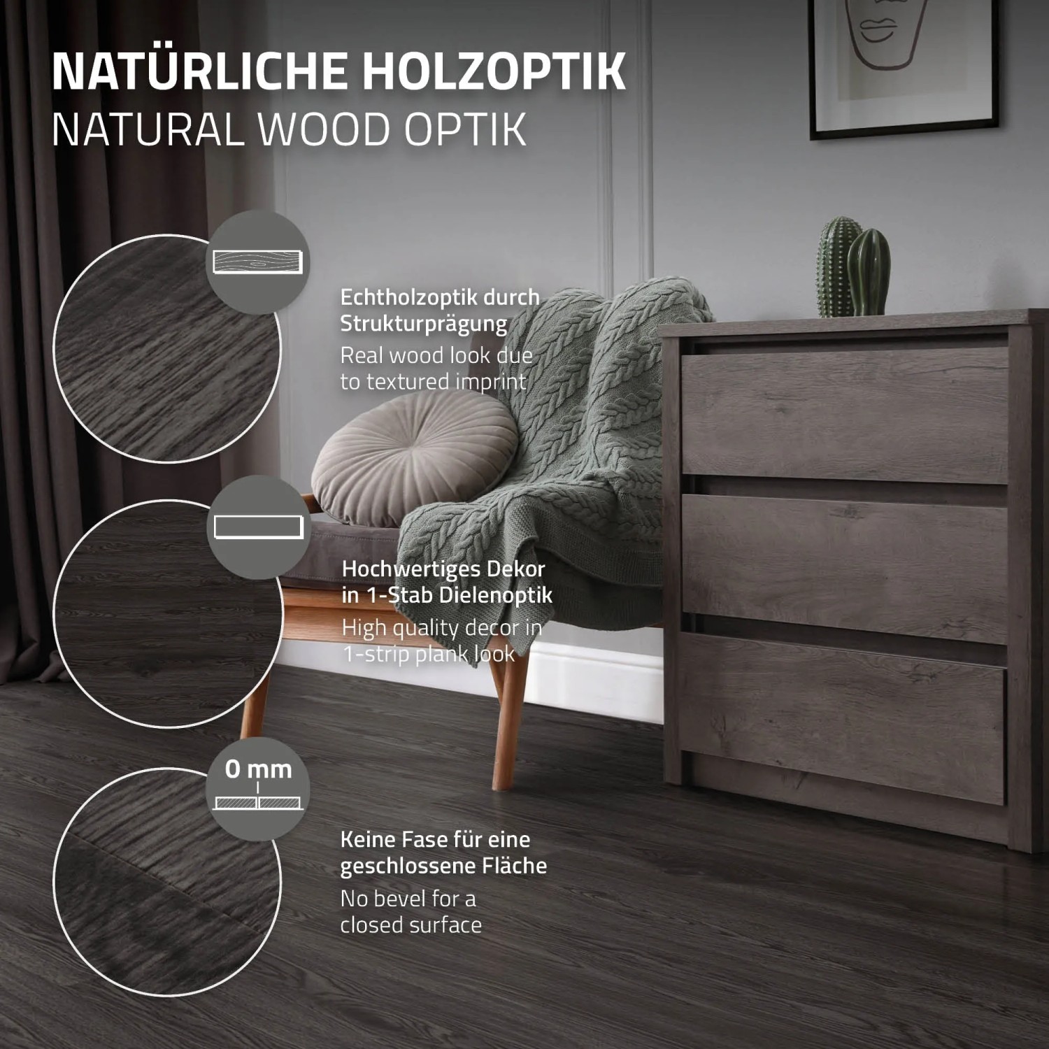 ML-Design Vinylboden Eiche Dunkelgrau: Selbstklebender PVC Bodenbelag in Holzoptik im Wohnraum.