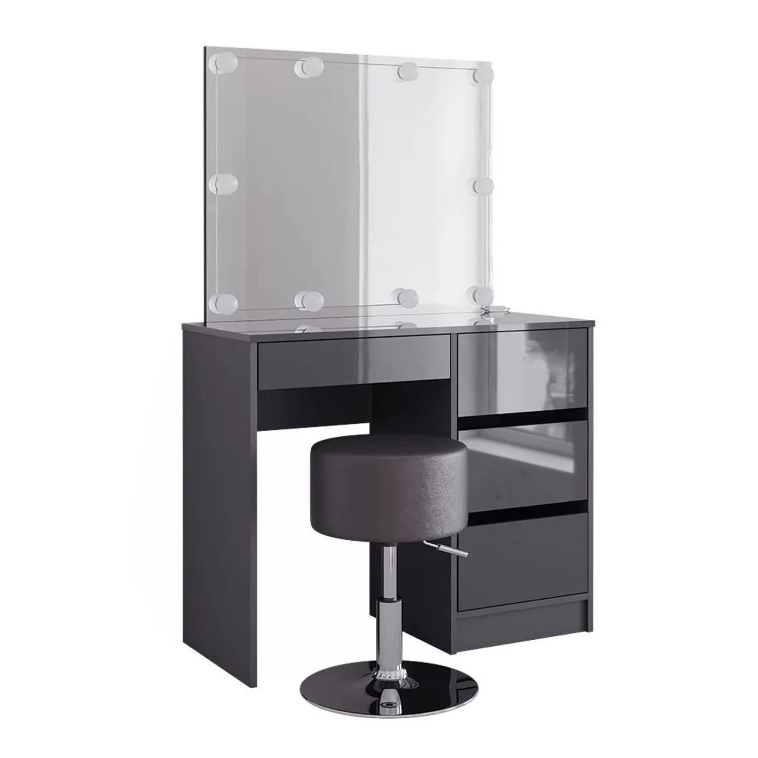 Vicco Schminktisch Sherry Anthrazit Hochglanz 90 x 140 mit Spiegel, LED-Lichterkette und Hocker