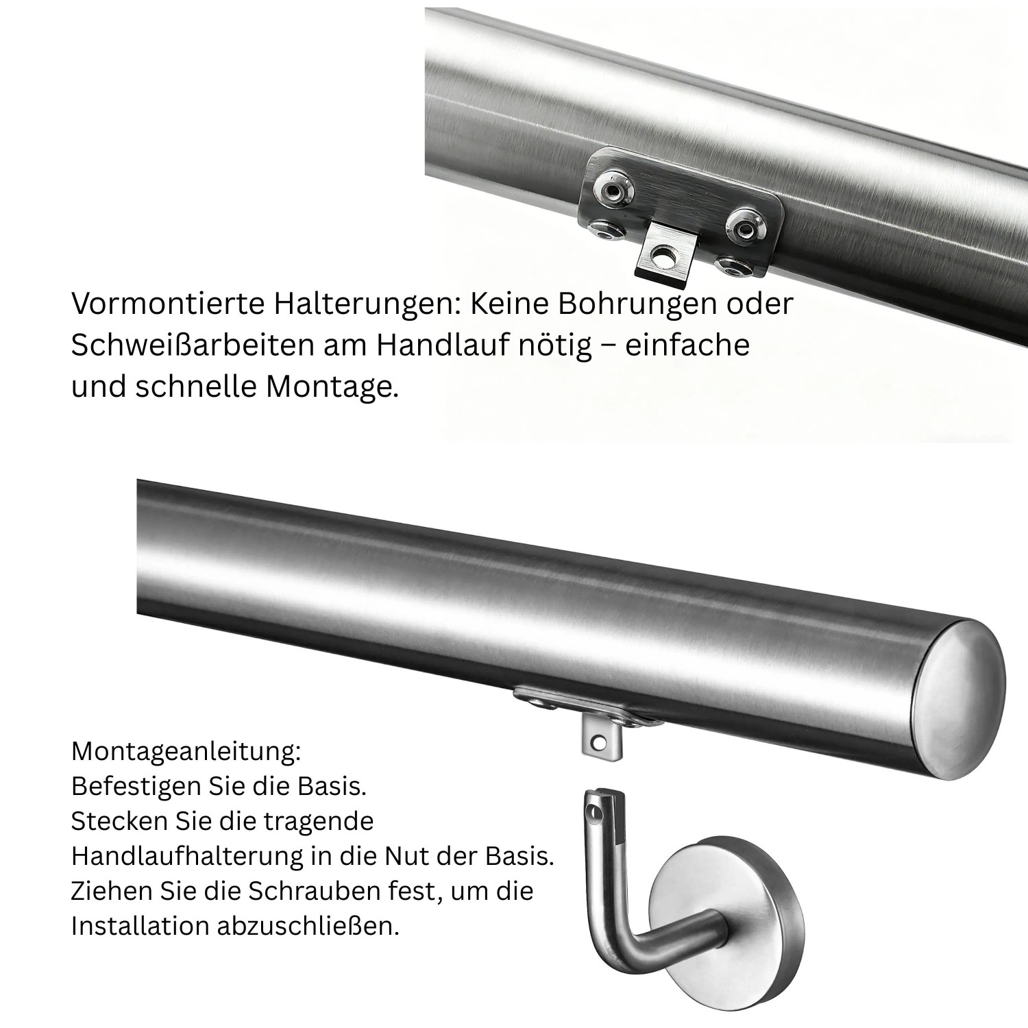 Gebürsteter Edelstahl 304 Handlauf 80 cm mit vormontierten Halterungen. Zeigt einfache Wandmontage des Komplettsets.