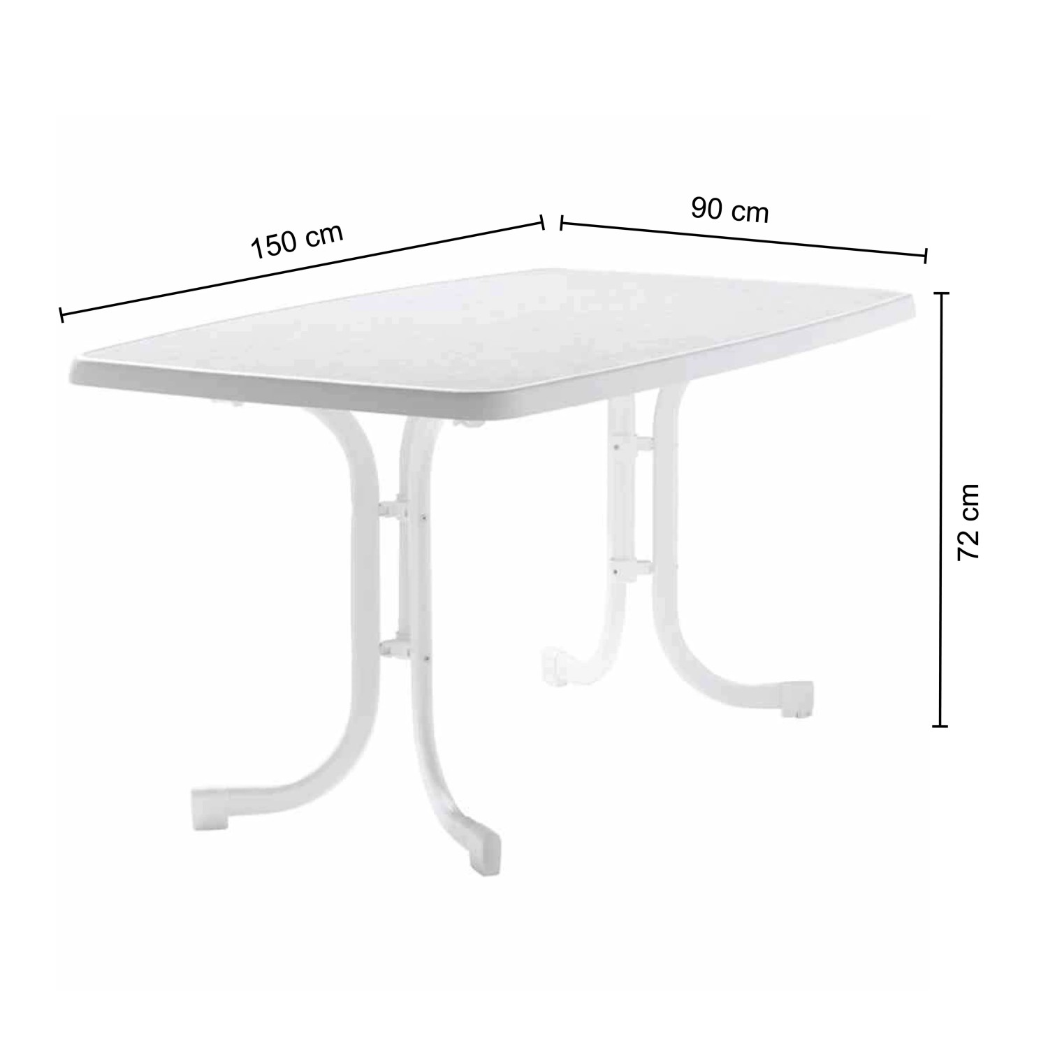 Rechteckiger, weißer Sieger Klapptisch (90x150 cm) mit Edelstahlgestell für den Garten.