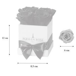 Eckige Rosenbox Weiß mit Schleife und 4 weißen Rosen. Dekorative Blumen für Zuhause.