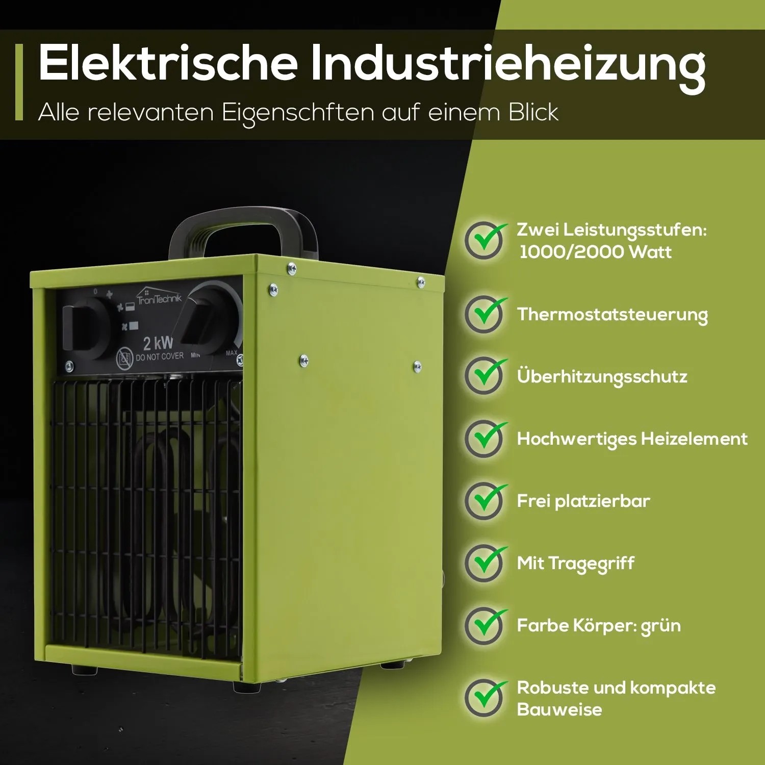 Tronitechnik Heizgerät Heizlüfter Heizung 2000 Watt Tragegriff Stahl Thermosteuerung_2